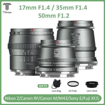 TTArtisan 수동 초점 티타늄 그레이 인물 사진 렌즈, 소니 E 후지 X 캐논 M M43, 17mm F1.4 35mm F1.4 50mm F1.2 APS-C