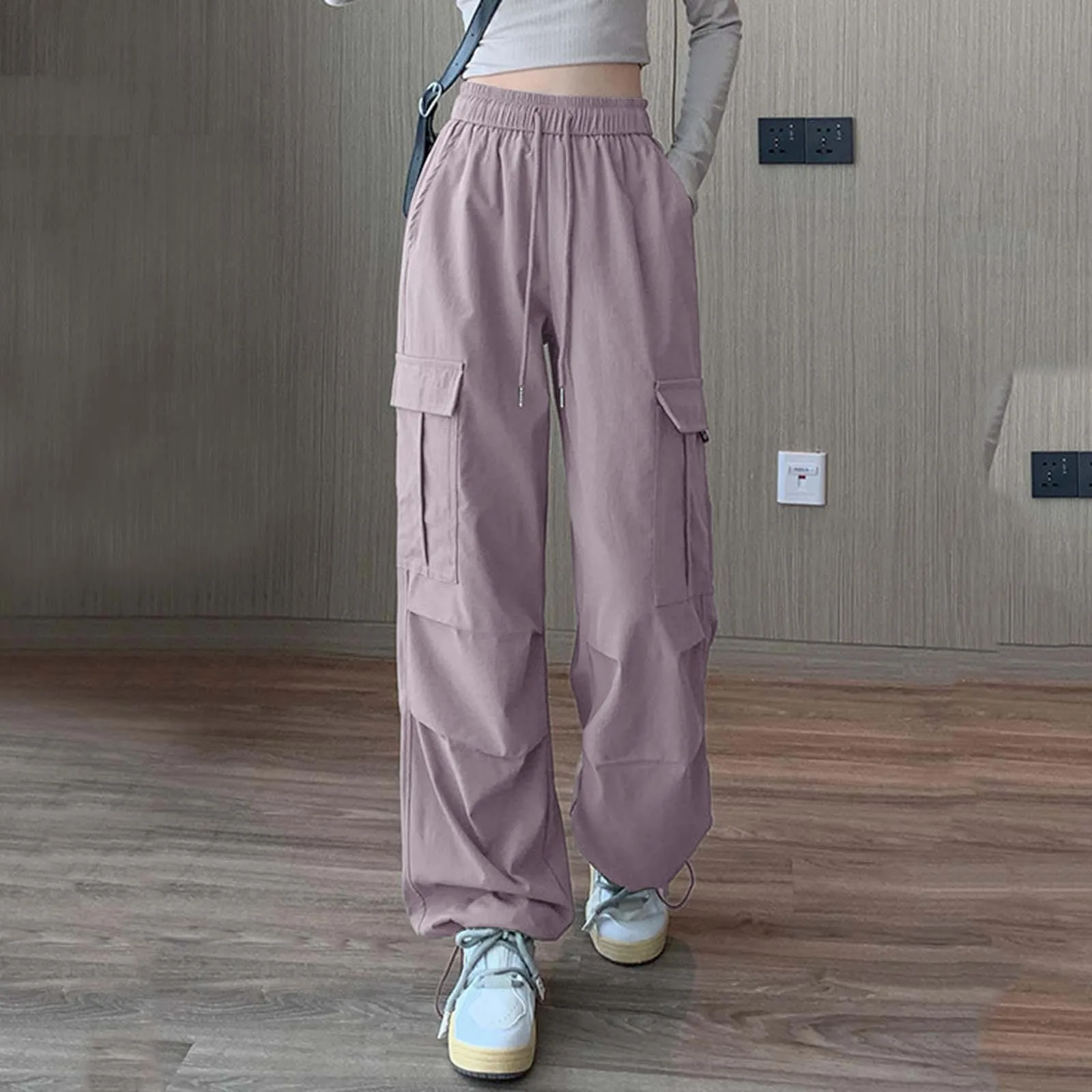 

Harajuku Oversize Cargo Parachute Pants Women Streetwear Vintage Casual Drawstring High Waist Straight Trousers Women Sweatpants