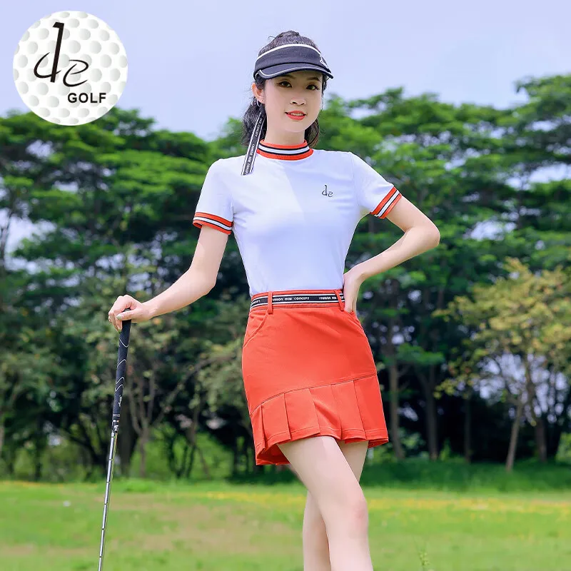 Golf Women's Summer Jersey Set High-End Slim White Sleeved Elastic Quick Drying T-Shirt Shorts Skirt luckymarche pintuck banding jersey shorts qwpox23593otm