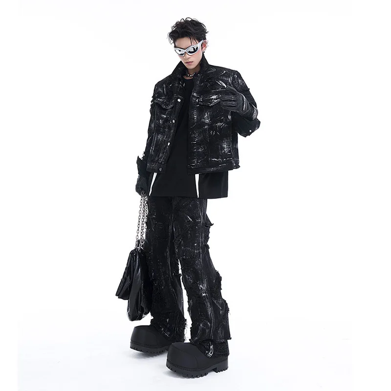 FEWQ Hole Torn Denim Men's Street Jacket Denim Suit 2024 Tie Dye Design Turn-down Collar Long Sleeve Male Sets Fashion 24E1516 4