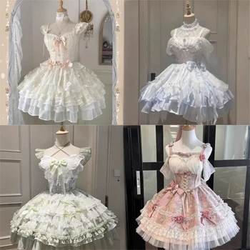Summer Japanese Style Kawaii Lolita Dress Women Party Vintage Sweet Lace Bow Birthdays Cake Dresses Harajuku Y2k Bandage Dress 1