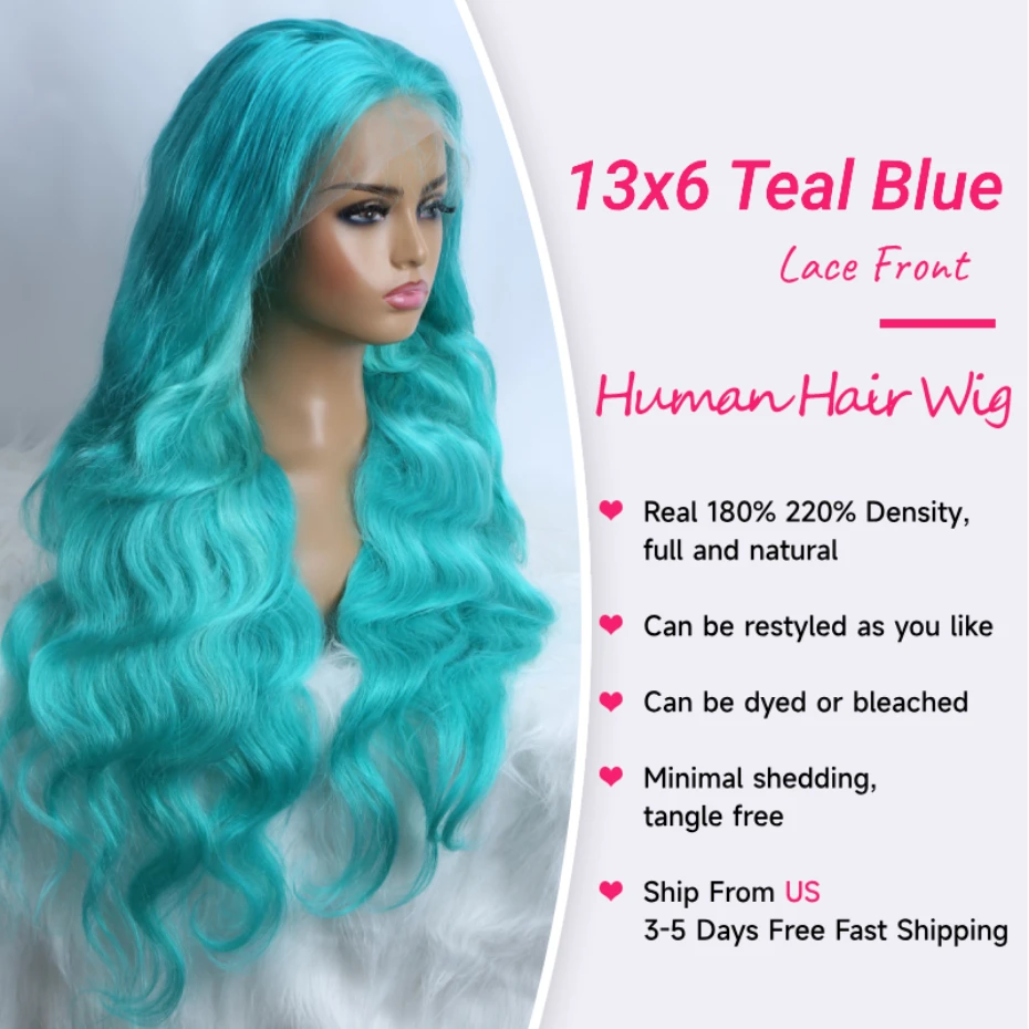 13x6 Teal Ocean Blue Lace Front Wig Human Hair Body Wave Transparent Lace Frontal Wigs For Women Remy Turquoise Hair 38 40 inch 5