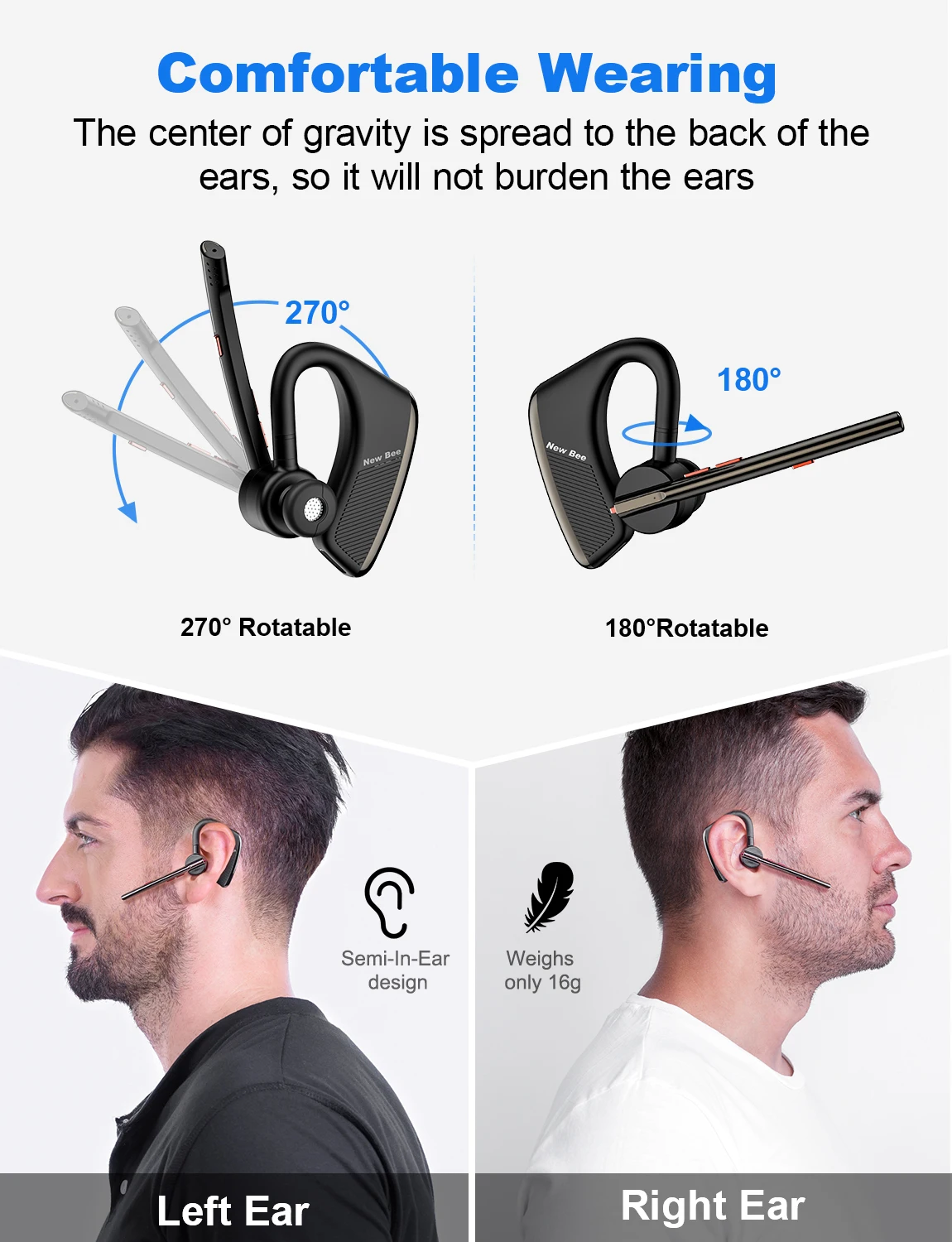 New Bee M50 Bluetooth Headset Wireless Earpiece Earphones 24 Hrs Talk Time V5.2 Headphones with Dual Mic CVC8.0 Handsfree 5