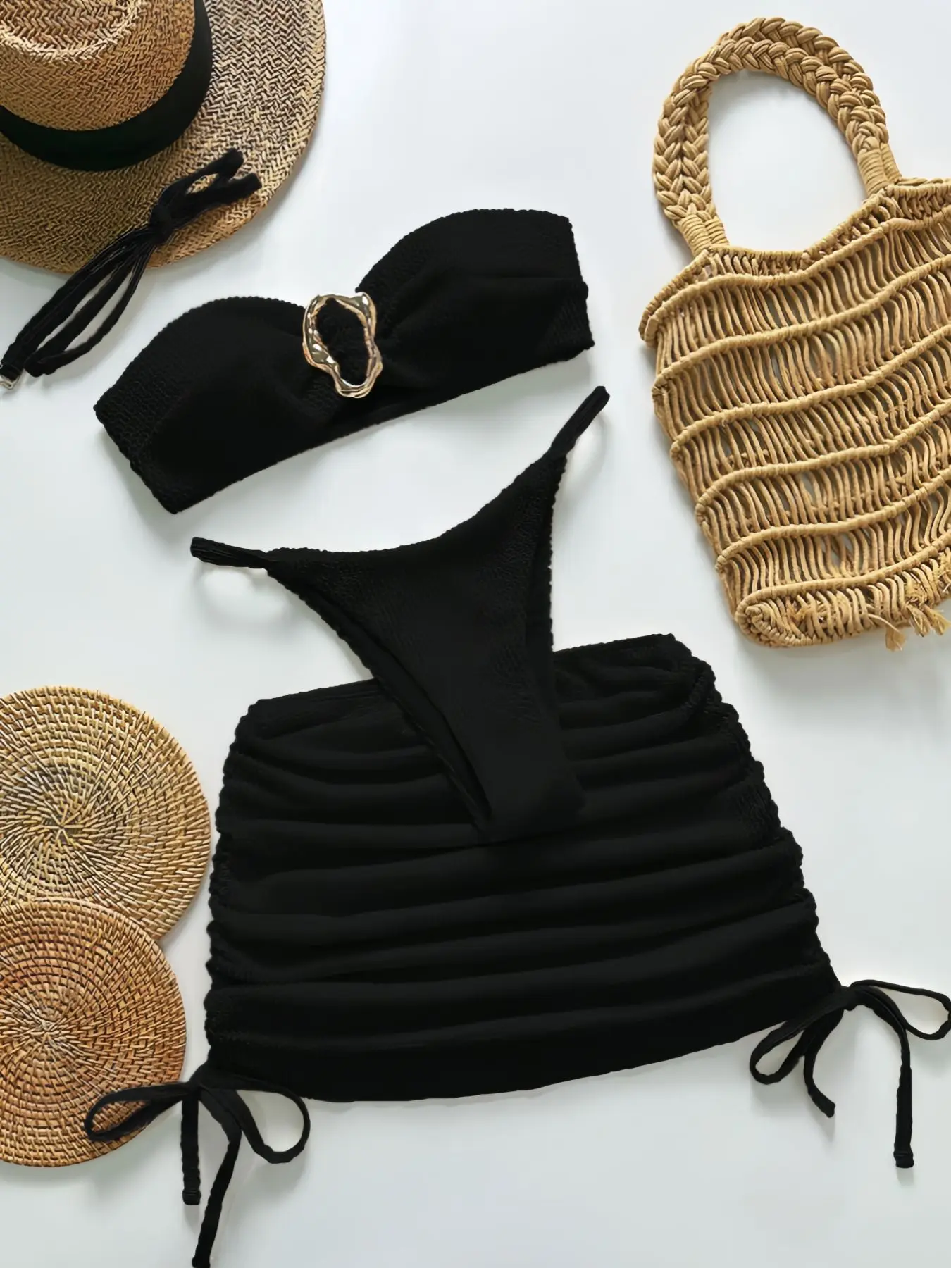 Sexy Pleate Skirt 3 Piece Bikini Set 2026 Women Black Bandeau Front Buckle Push Up Thong Swimsuit Beach Bathing Suit Swimwear