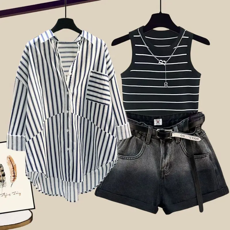 Large Women's Spring/Summer Versatile 2024 New Sunscreen Shirt Slimming Tank Top Denim Shorts Three piece Set