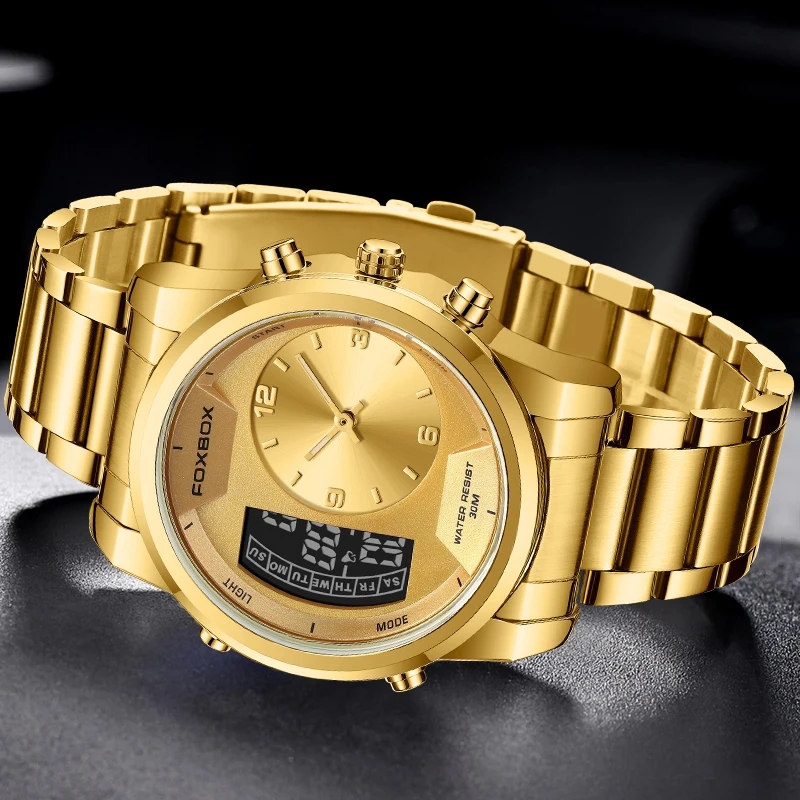 FOXBOX New Gold Quartz Wristwatch For Men Fashion Military Sport Waterproof Watch Men Top Brand Luxury Dual Display Watch Men 2