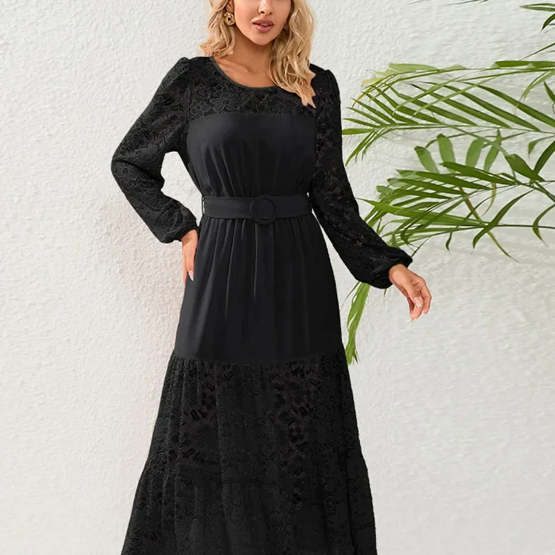 

2023 NEW Large Sexy Lace French Lace Fashion Perspective Versatile Fashion Belt Round Neck Temperament Slim Fit Mid Length Dress