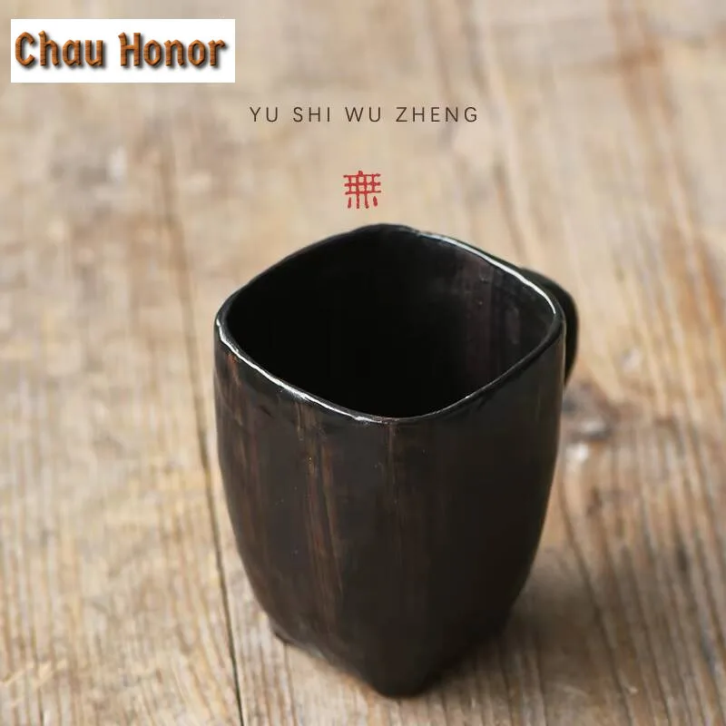 340ml Creative Square Ceramic Cup Handmade Coarse Pottery Coffee Mug Large Water Jug Retro Breakfast Cup Mouthwash Cup Tableware
