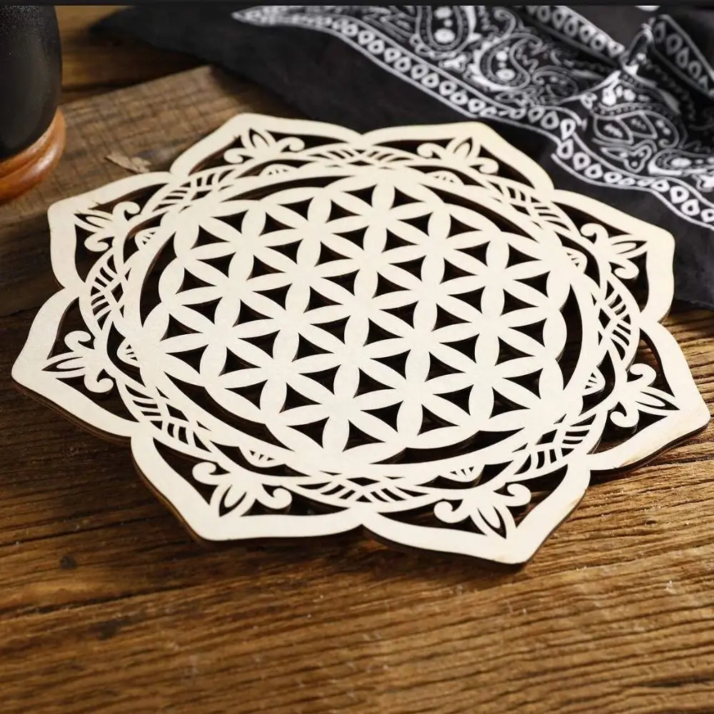 

Wall Hanging Wooden Cup Pad Creative Wooden Flower Of Life Geometry Grid Plate Art Craft Hollow Place Crystal