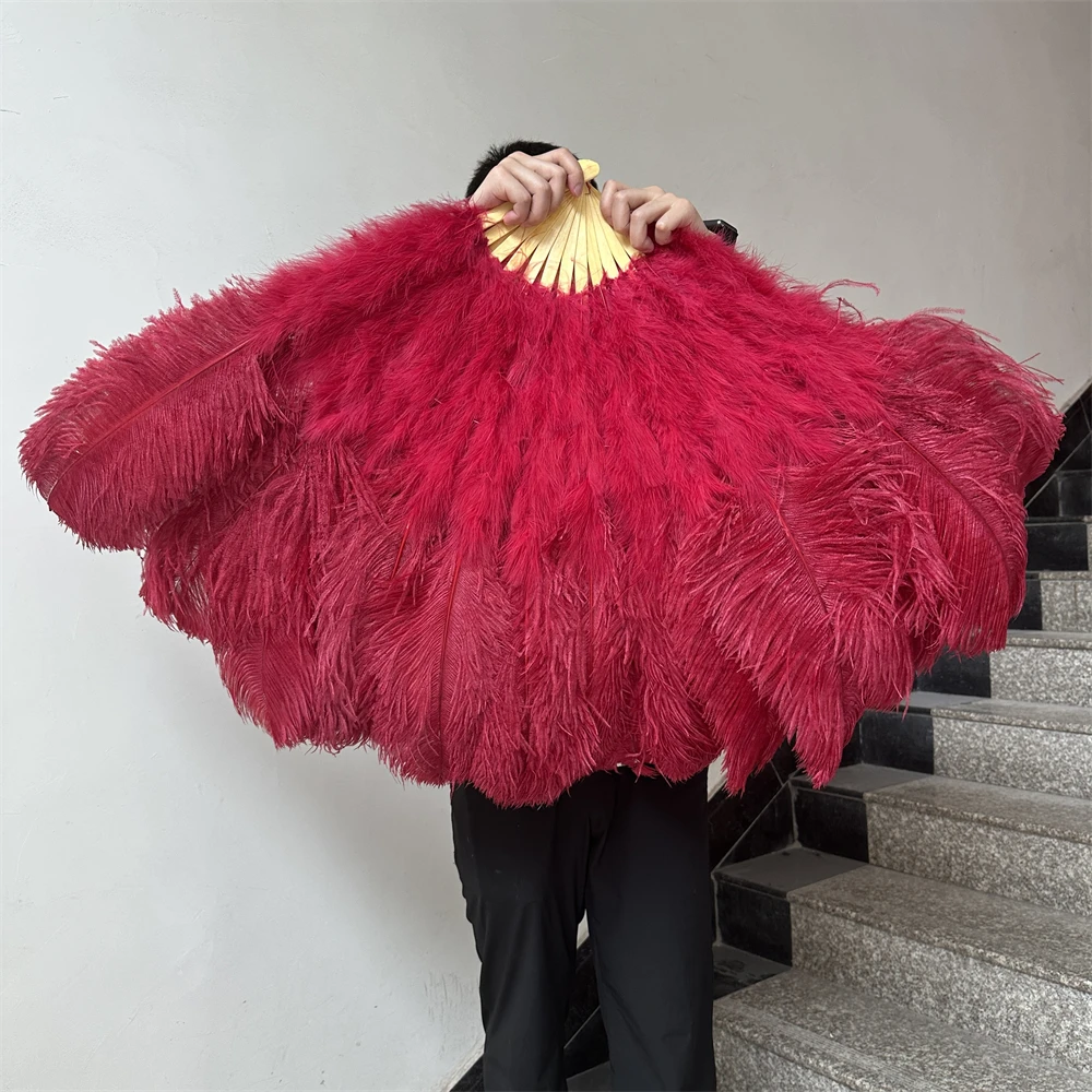 130CM Burgundy Ostrich Feather Fan 13Bone Handheld Dance Fan for Carnival Wedding Party Belly Dance Performance Photography Prop