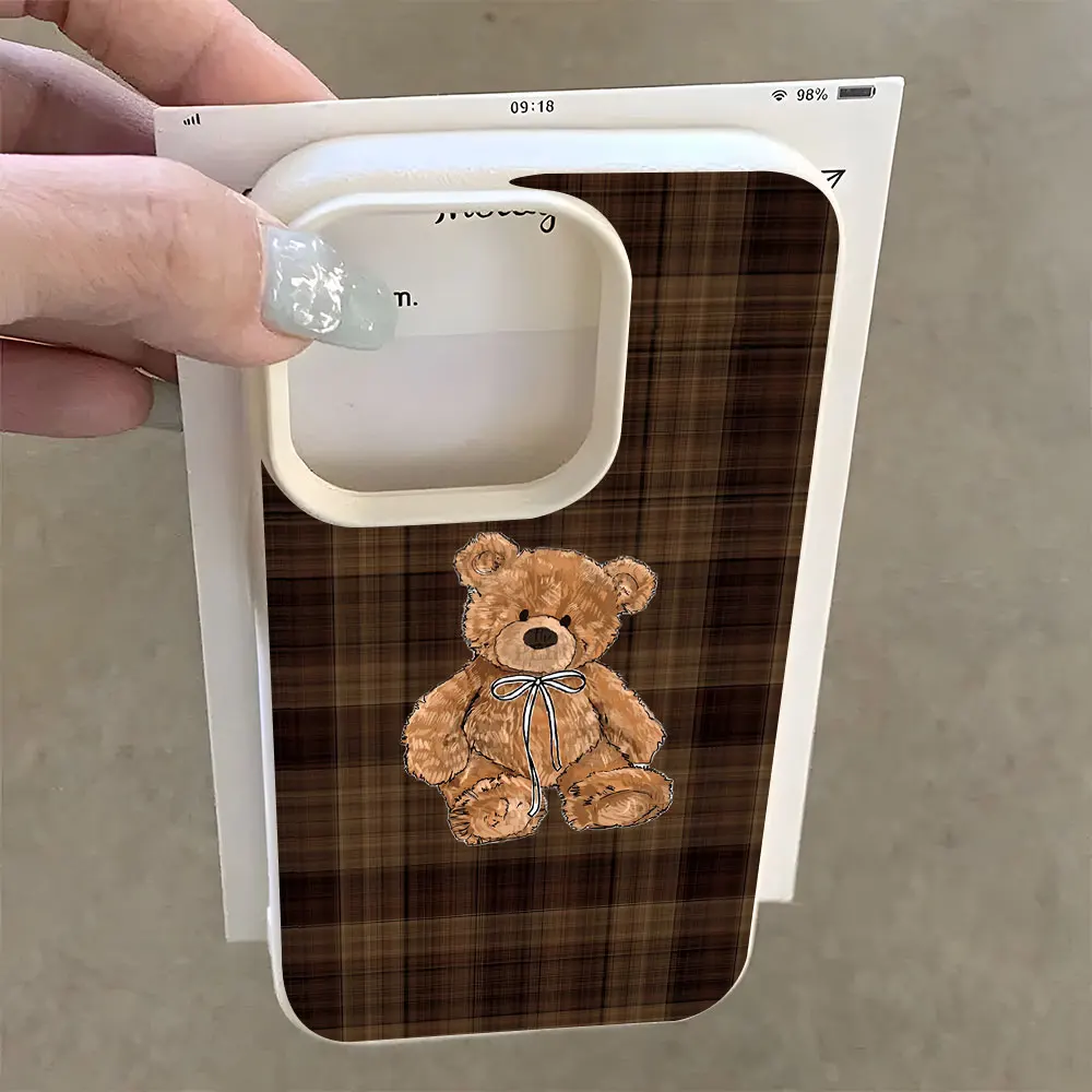 Retro Plaid Cute Bear Pattern Lychee Soft Phone Case Cover