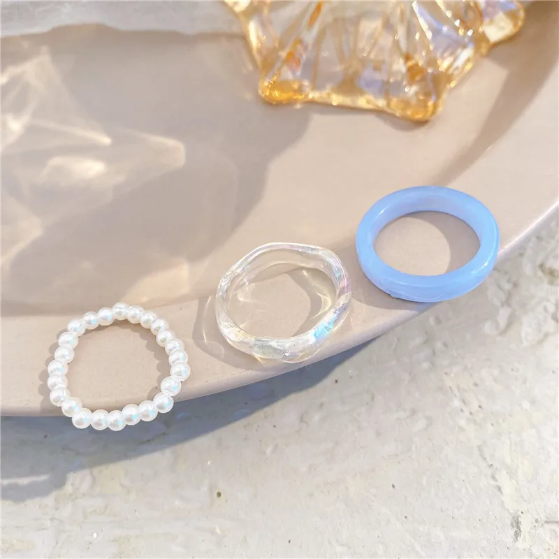 2025 Fashion Style Set acrilico da donna in stile coreano, 3 pezzi, anello in resina estetica con perline, anello elastico, gioielli da sposa, 2024_voghion.com