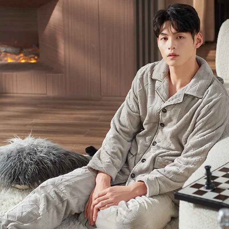Thick Velvet Coral Fleece Pajamas Men Warm Flannel Jacquard Long-Sleeved Autumn And Winter Home Service Suit Pyjamas Male M-XXXL