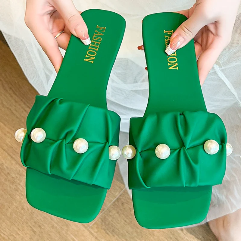

Summer Slippers For Women Pearl Flip Flops Flats 2024 New Pleated Korean Slippers Women Sandals Green Slip On Shoes Size 35-42
