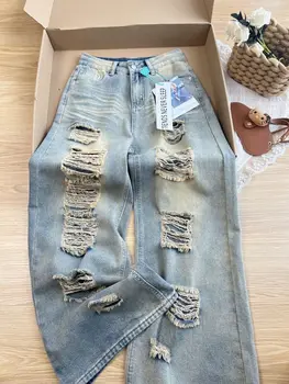 2025 Autumn New Retro Old Ripped Jeans Wide-leg Jeans Women Loose Pants Trousers Baggy Jeans 1