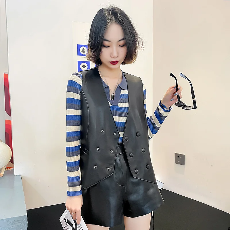 

2023Hot Sale Genuine Leather Jacket Women Korean Streetwear Real Sheepskin Vest Women Leather Coat Sleeveless Slim Leather