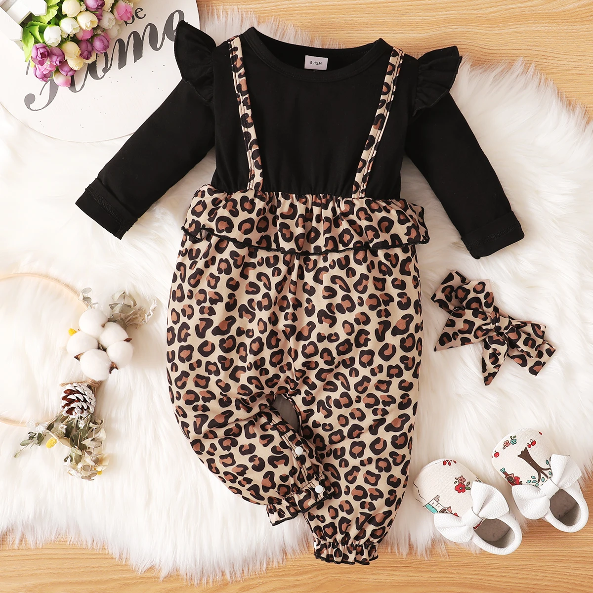 

PatPat 2-piece Baby Girl Ruffle Long-sleeve Black & Leopard Print Stitching Fake Two Piece Jumpsuit and Headband Set