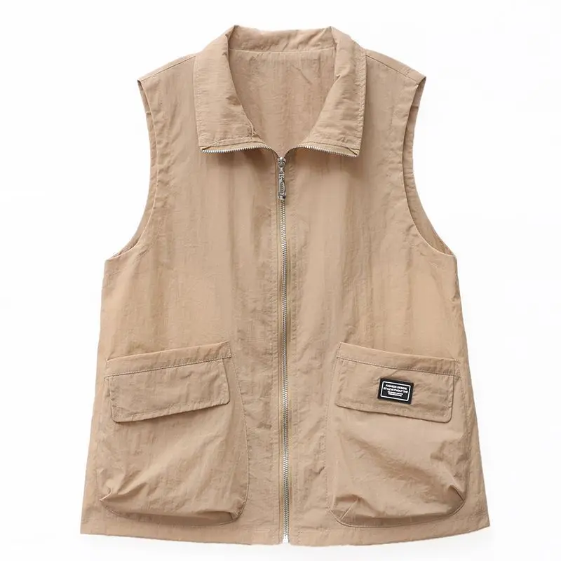 2024 Spring Summer New Women Solid Color Casual Spliced Pockets Cardigan Zipper Thin Lapel Sleeveless Loose Short Vest Coat Tops