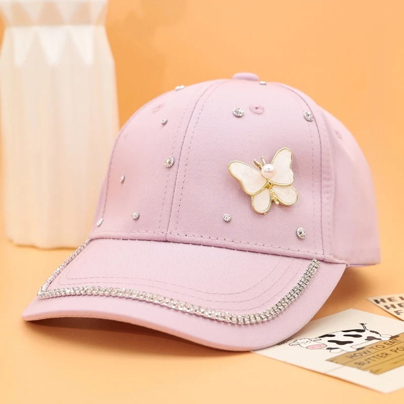 Girls Pearl Butterfly Rhinestone Breathable Baseball Cap Kids Summer Breathable Duck Tongue Hat Princess Outdoor Sun hat
