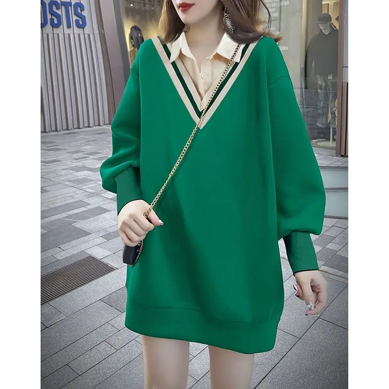 Spring Autumn Plus Size Clothes Korean Turn-down Collar Patchwork Puff Puff Long Sleeve All-match Loose Pullover Dress for Women