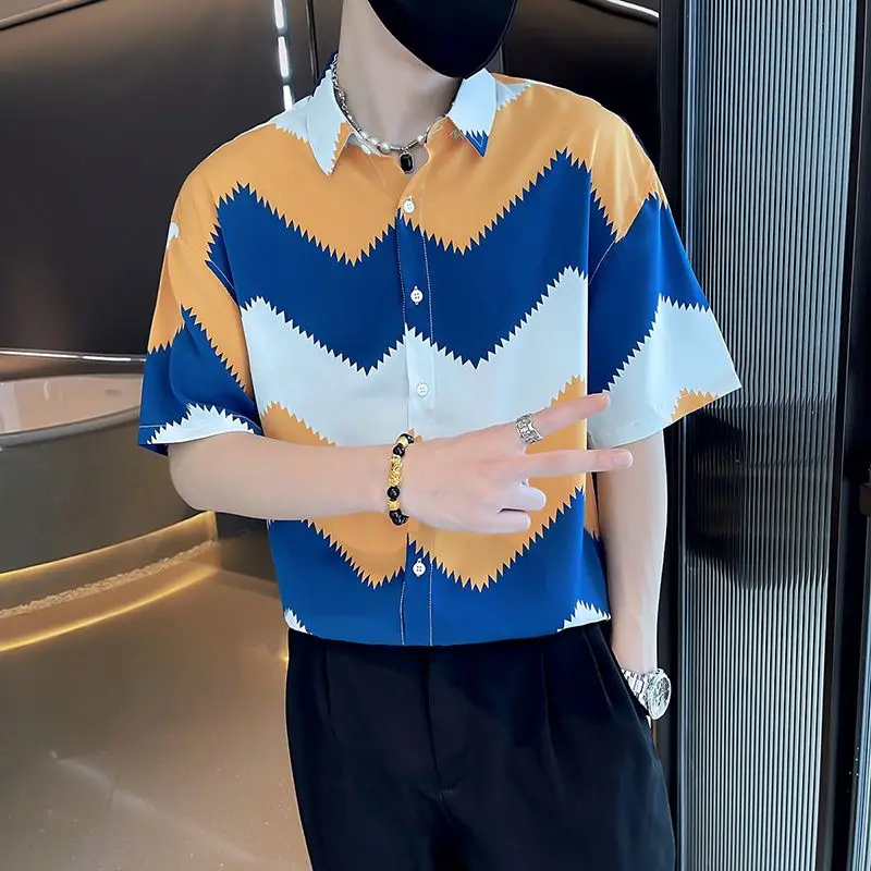 2023 Men\'s Clothing New Spring Summer Man Printing Short Sleeve Loose Handsome Turn-down Collar Fashion Casual Streetwear Shirts