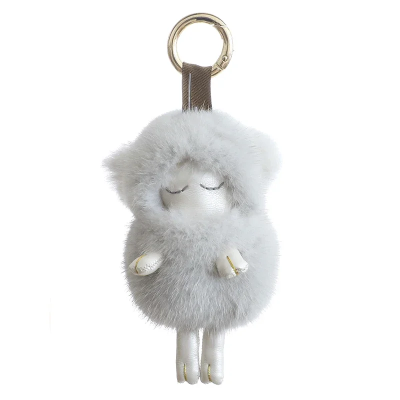 2024 Trendy Real Mink Fur Keychain Women Cute Sleeping Sheep Pendant Metal Car Keyring Bag Charms Ornament Jewelry Trinket Gifts