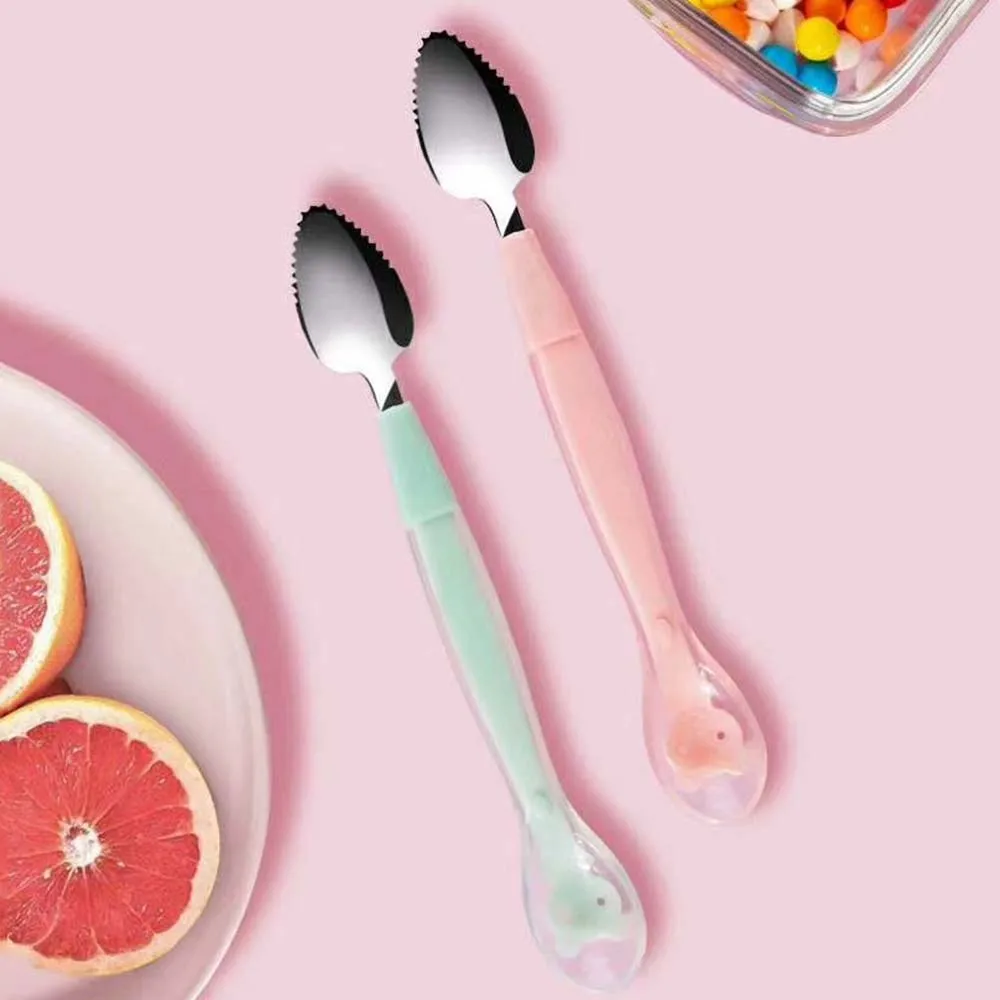 

Silica gel Non-slip Stainless Steel Cartoon Infants Feeding Gadgets Fruit Scraping Spoon Double Headed Baby Utensils