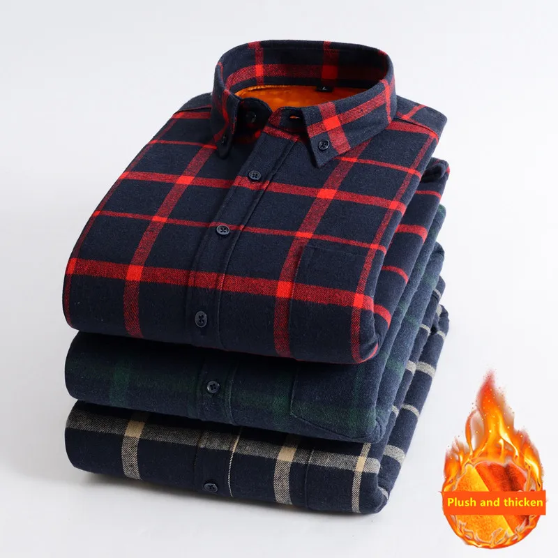 Camisa Masculina Shirt Men Plaid Flannel Shirts Mens Casual Autumn Winter Spring Thick Warm Fleece Cotton Long Sleeve Shirt 4XL