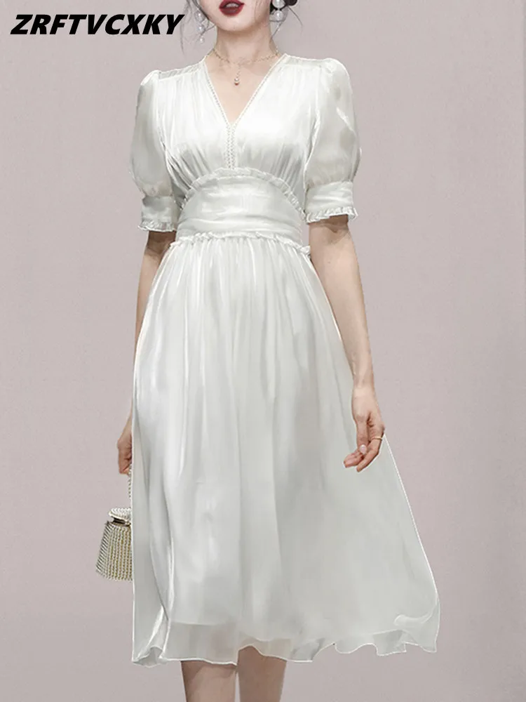 

Runway Vintage Puff Sleeve Summer Dresses Elegant Women's Fashion V-Collar Hollowed Out High Waist Ruffle Organza Dress