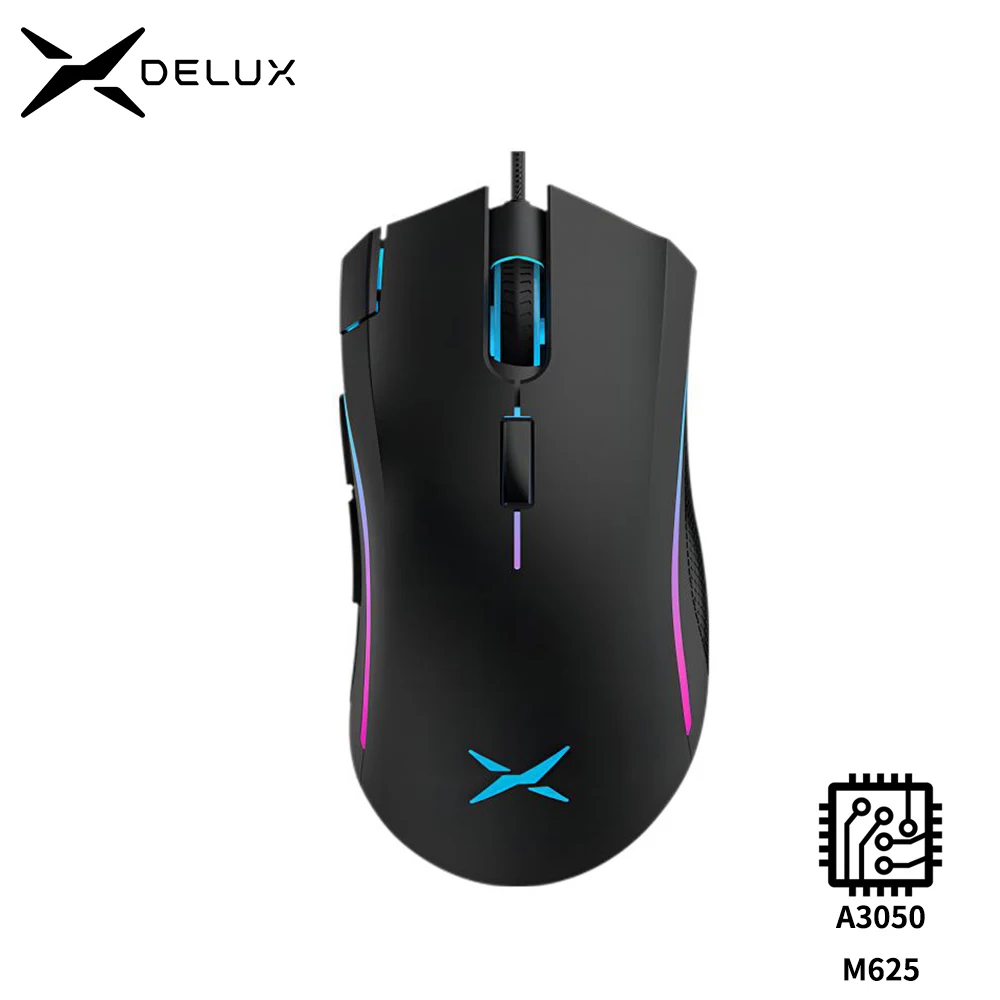 Delux M625 A3050 RGB Backlight Gaming Mouse 4000 DPI 1000Hz Report rate 7 Programmable Buttons USB Wired Mice for Computer Gamer