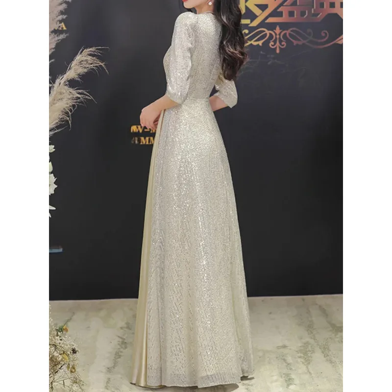 Elegant Half Sleeve Prom evening dress Sexy Belt Slim Waist V-neck Satin Spliced Sequin Ball Gown Sparkles Robe Soire De Mariage