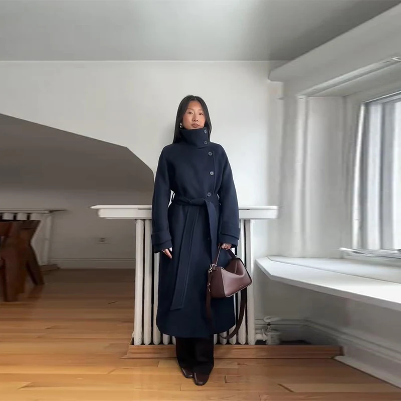 أنيقة الصلبة حزام طويل معطف الصوف المرأة واحدة الص...