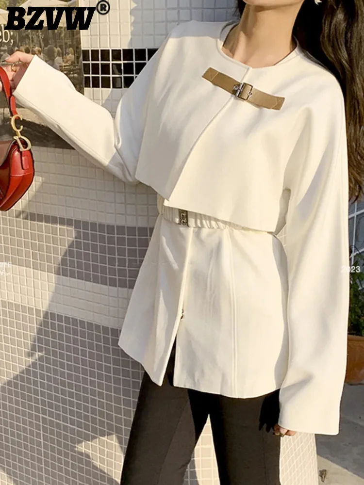 

BZVW Women White Belted Big Size Elegant Blazer New O-neck Long Sleeve Loose Fit Jacket Fashion Tide Spring Autumn 2023 CP2123