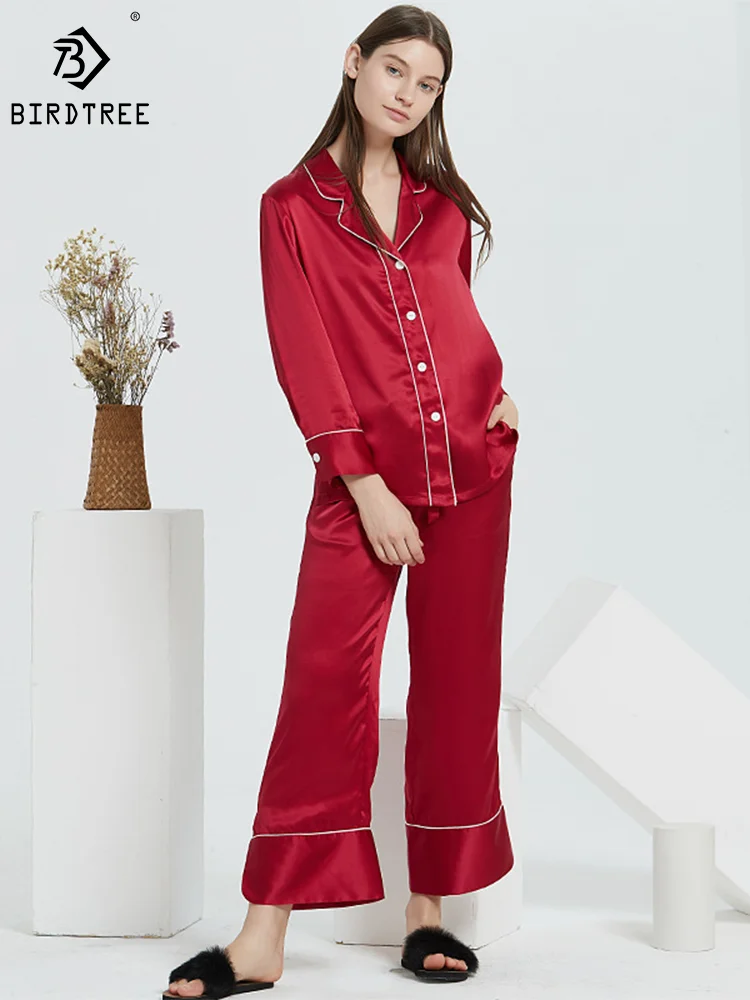 

Birdtree 19MM 100%Mulberry Silk Pajama Set Long Sleeve Lapel Breathable Comfortable Loose Loungewear 2023 Autumn New S30633QM