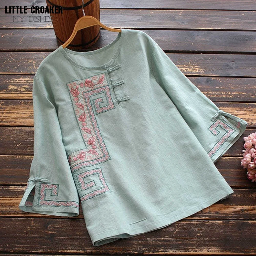 New Loose Large Shirt Women's Cotton Linen Shirt Retro National Style Top Round Neck Embroidered Chinese Traditional Blouse