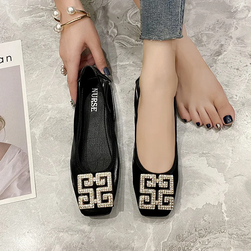 Women loafers rhinestones buckle flats ballet shoes women slip on shallow mouth moccasins elegant women's loafers party leather ballerina