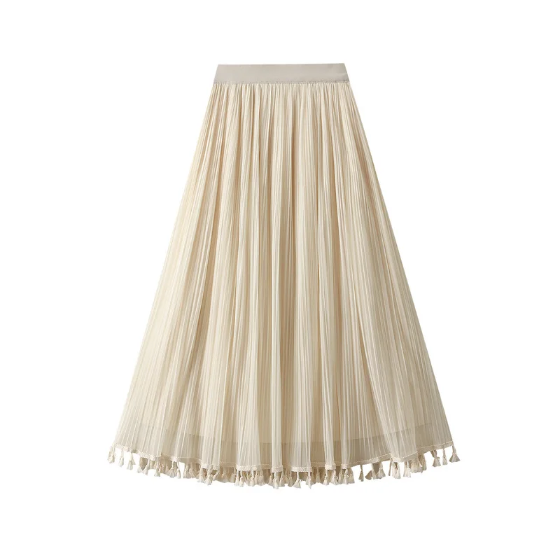 

Double Sided Mesh Half For Women In Autumn 2023 New High Waisted And Long Style Large Swing Tassel Pleated Gauze Skirt