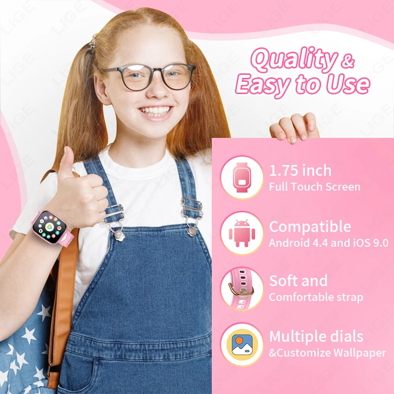 LIGE Kids Smart Watch Bluetooth Call Puzzle Game Child Smartwatch IP67 Waterproof Health Monitoring For Boys Girls Present Gift