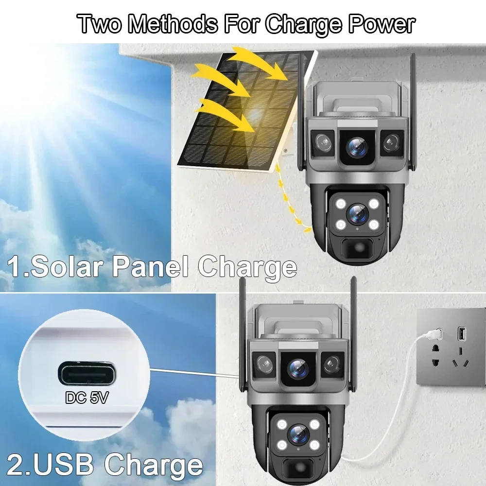 12MP Dual Lens Solar IP Camera Three Screen 4G 6K Security Outdoor WiFi Webcam PIR Night Vision Waterproof Home Surveillance Cam 2