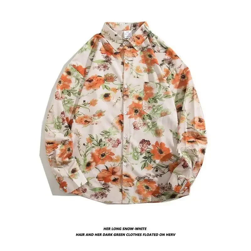Camisa de manga larga con flores estilo vintage de Hong Kong para hombres y mujeres, informal, con protección solar, versátil, para parejas