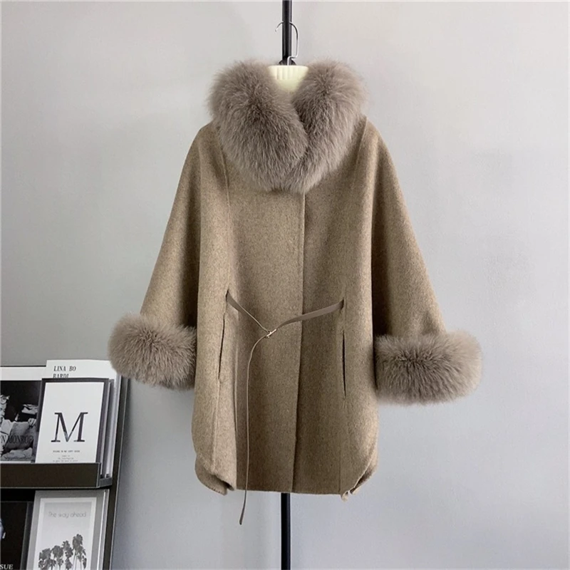 

Lady Girl Wool Double-sided Tweed Fox Fur Collar Poncho Scarf Removable Natural Fur Cloak Coat PT457