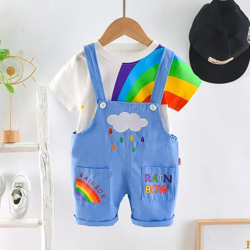 

Summer Baby Boys Girls Clothes Infant Cotton Rainbow T Shirt Bib Pants 2pcs/sets Kids Garment Children Casual Sport Suit Sets