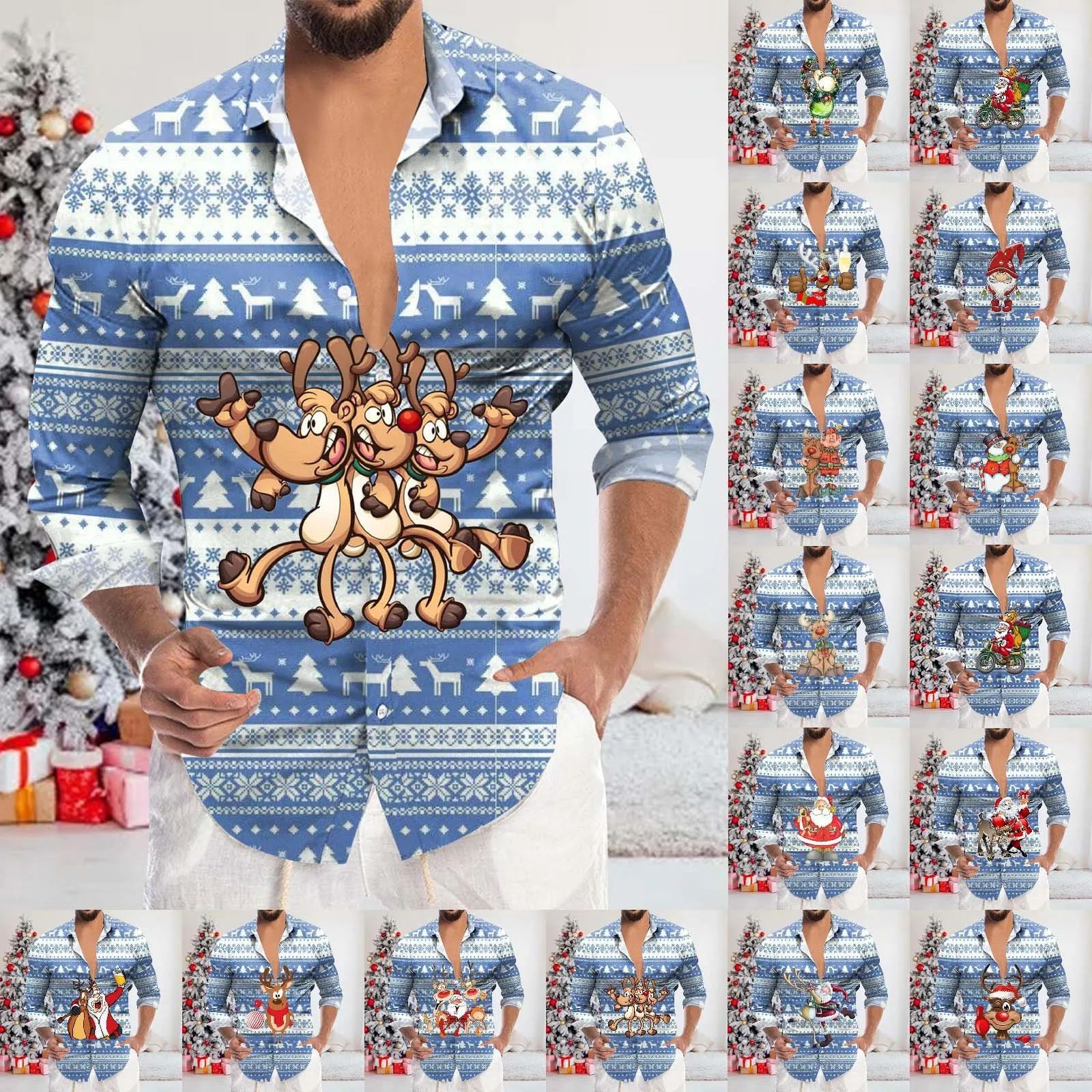 

Mens Christmas Fashion Casual Printed Lapel Button Down Shirt Top Business Vintage Fashion Shirts Tops