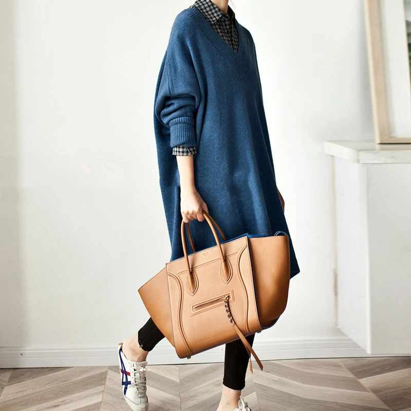 

New Autumn Long Sweater Female Winter V-neck Oversized Loose Brown Knitted Jumper Woman Pullovers Femme Streetwear Tops