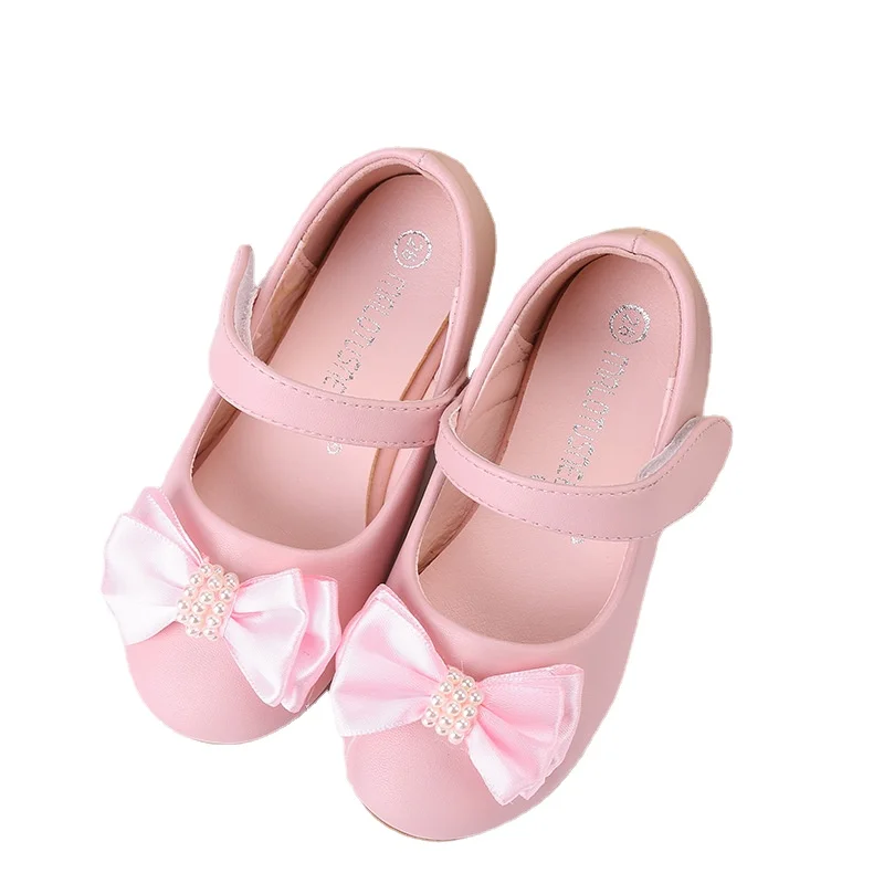 

2023 Girls Bead Bowknot Fashion Flats Baby/Toddler/Little/Big Kid Casual Ballet Mary Jane Children Leather Princess Dress Shoes