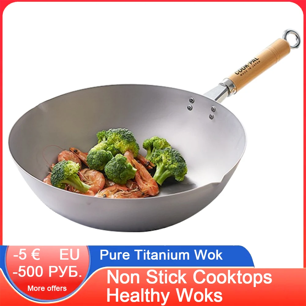 3036cm Pure Titanium Wok Kitchen Cookware Antiscald Wood Handle Non