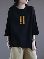 Off-Season Pure Cotton Women's T-irt Casual Seven-Quarter Sve Boting Top Anti-Season Commute Sle Creative Print rou...