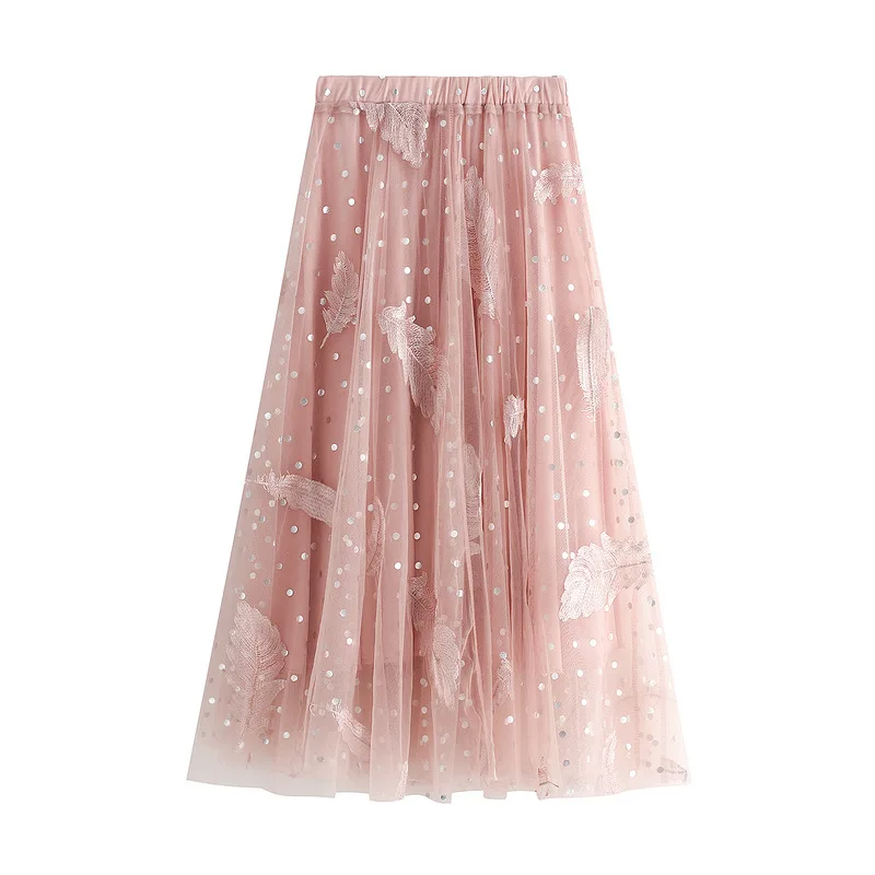 

Summer Feather Embroidery Mesh Skirt Female 2023 Spring New Sweet Fairy High Waist Bubble Long Skirt Woman