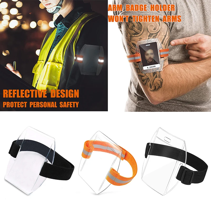 PVC Plastic Card Holder Polyester Reflective Wristband ID Card Holder Arm Adjustable ID Badge Elastic Arm Band ID Badge Holder