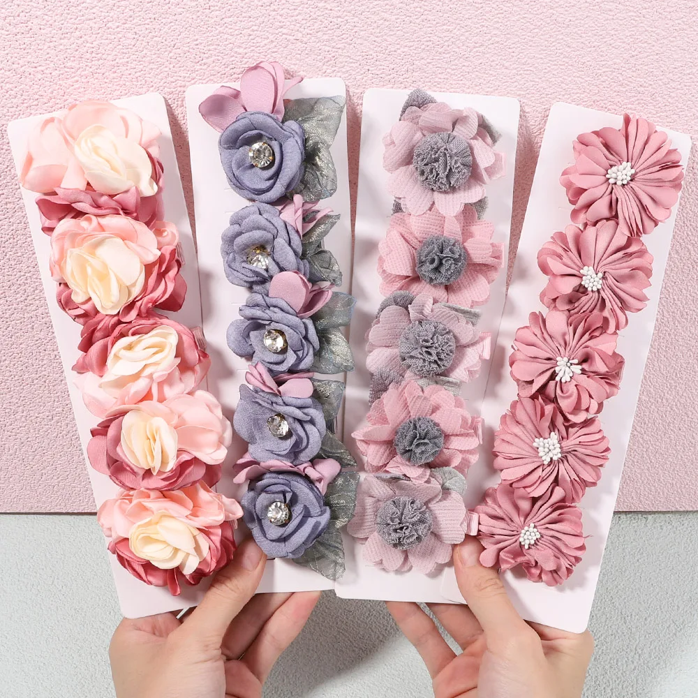 5pcs/set Chiffon Handmade Flowers with Hair Clips for Girls Kids Princess Head Accessories Rose Hairpins Flower for Cloth